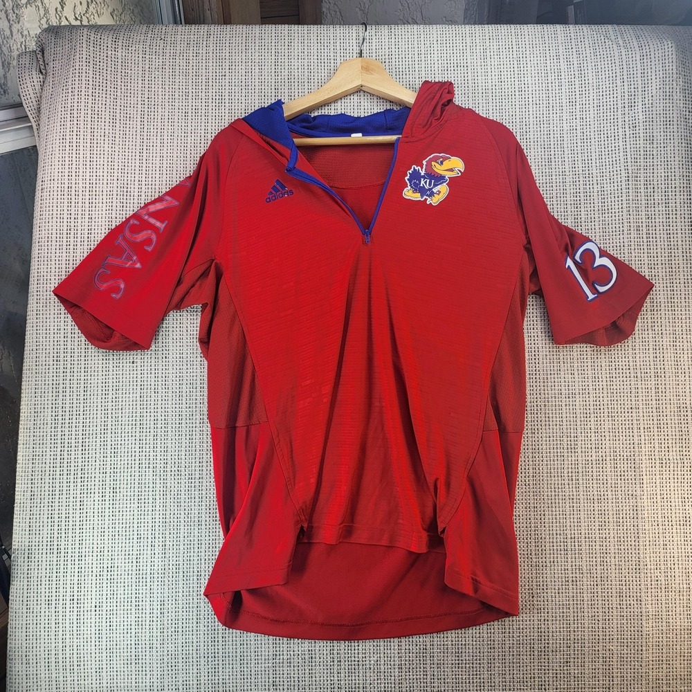 Kansas Jayhawks Hoodie Mens Large Red Short Sleeve NCAA Adidas Quarter Zip